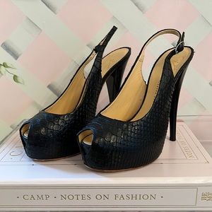 Giuseppe Zanotti Black Snake Embossed Platform Slingbacks